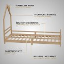HAGO24 Kinderbett Hausbett Spielbett Massivholz 90x200cm Kiefer Lattenrost Natur Einzelbett Rausfallschutz Dachform Kinderzimmer