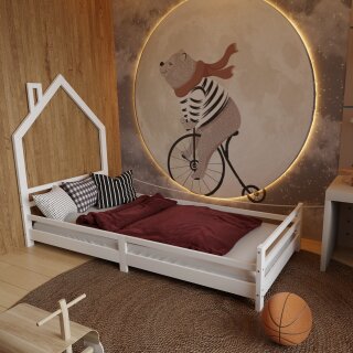HAGO24 Kinderbett Hausbett Spielbett Massivholz 90x200cm Kiefer Lattenrost Weiß Einzelbett Rausfallschutz Dachform Kinderzimmer