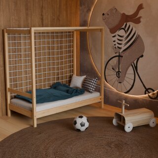 HAGO24 Kinderbett Fußballtor Jugendbett Einzelbett Holz Kiefer Lattenrost Netz Spielbett Torrahmen
