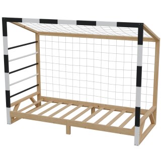 HAGO24 Kinderbett Fußballtor Kiefernholz  90x200cm Tornetz Kletterstangen Lattenrost Holzrahmen Schwarz Weiß Belastbar 100kg