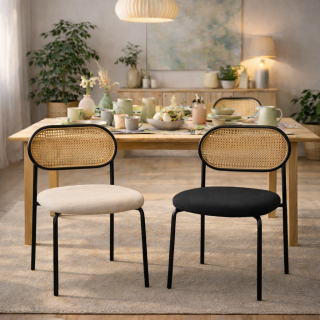 HAGO24 Esszimmerstühle 2er Set Küchenstuhl PE-Rattan Rückenlehne Stahlgestell Polster Beige Sitzhöhe 46cm bis 120kg