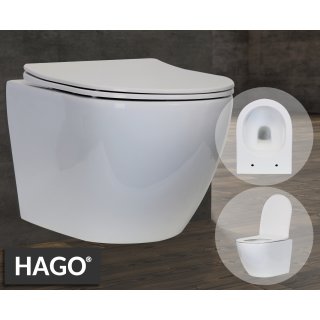 HAGO24 Spülrandloses Hänge-WC Keramik Nano-Beschichtung Lotus-Effekt 490mm Softclose WC-Sitz Abnehmbar FixClip Duroplast Abfluss Ø100mm Weiß